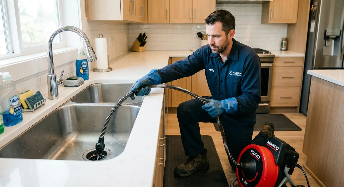Drain cleaning technician using a motorized snake on a kitchen sink in Plainfield