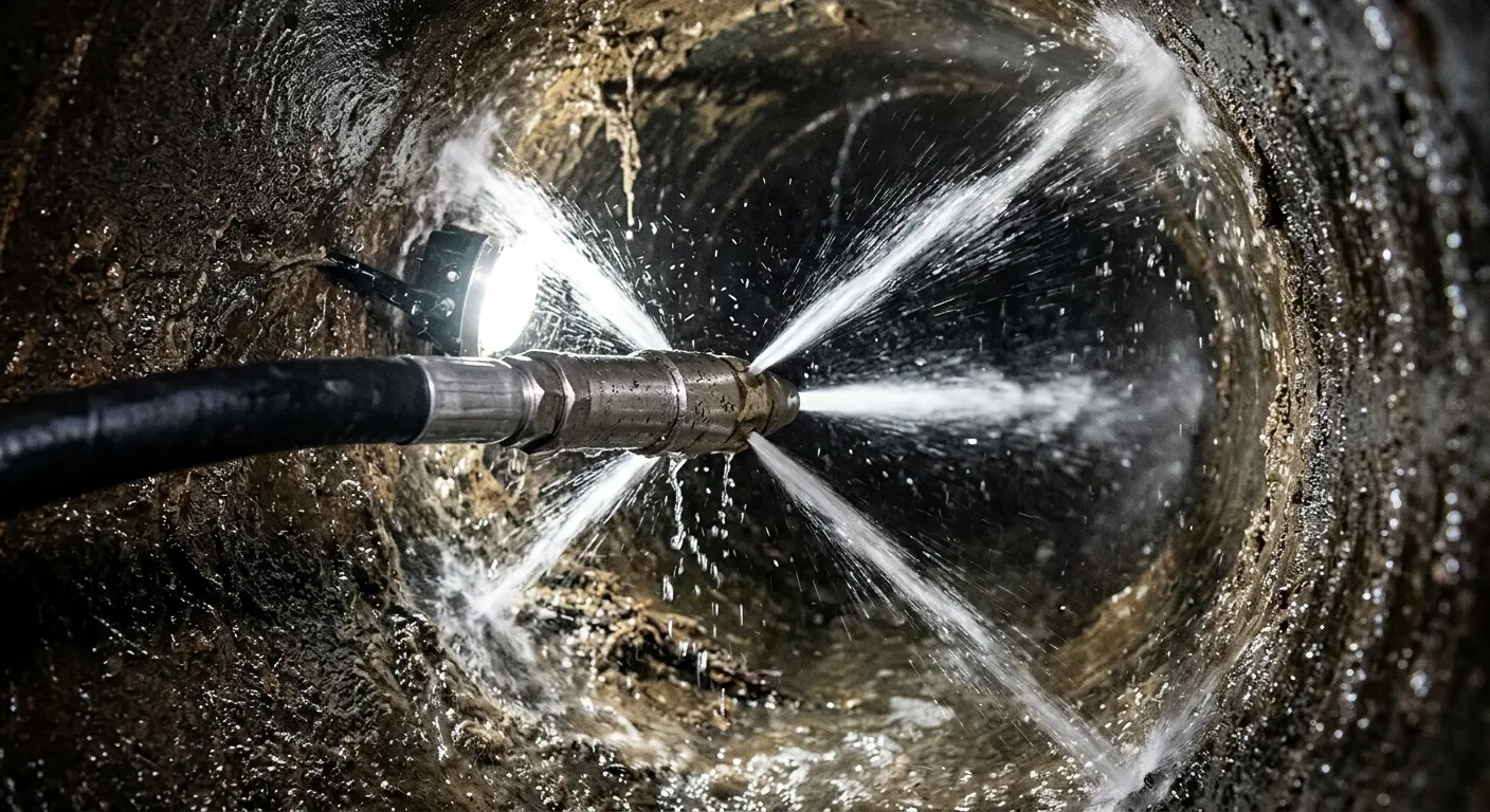 High-pressure hydro jetting nozzle cleaning sewer pipe for Trenchless Sewer Repair in Plainfield