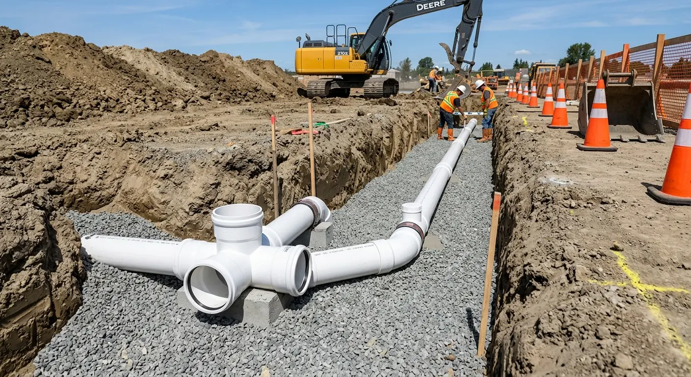 New PVC sewer pipe installation in open trench for Commercial Drain Cleaning in Plainfield